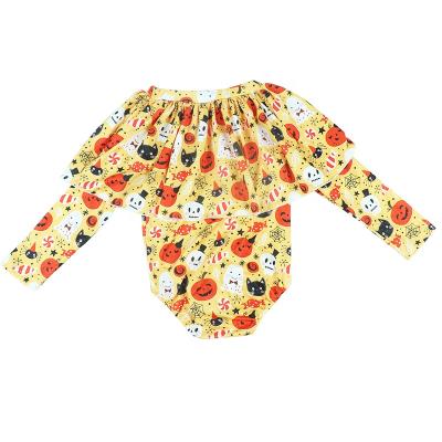 China Cotton Halloween Baby Rompers Ghost Pumpkin Skull Printed Baby Romper Cape Long Sleeve Yellow Baby Romper for sale