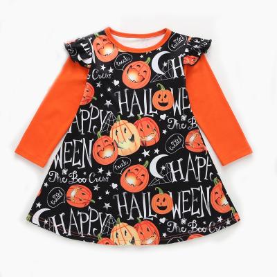 China Autumn Dresses Girls Washable Halloween Pumpkin Ghost Festival Style Girl Orange Skirt Long Sleeve Dress for sale