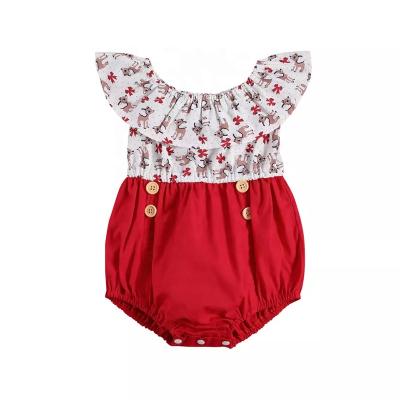 China Cotton Christmas Rompers Newborn Girls Fly Sleeve Red Cute Elk Print Baby Rompers for sale