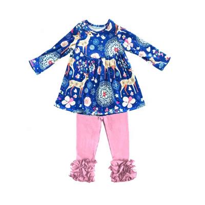 China Anti-Wrinkle Christmas Clothing Toddler Girl Clothes Sets Long Sleeves Deer Print Blue Dress Pink Pants Baby Drop Outfits for sale