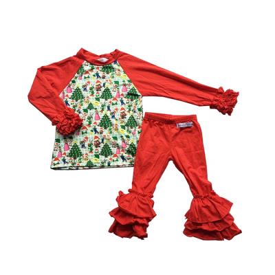 China Vintage Costume Clothes Funny Christmas Girls Clothes Red Long Sleeves Raglan Tops And Ruffle Bell Pants Outfits for sale