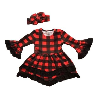 China Wholesale Anti-wrinkle Kid Christmas Red Dress with Headband Kid Girls Santa Dresses Babies Full Sleeves Plaid Skirts for sale