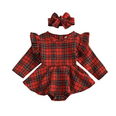 China Breathable Christmas Baby Fly Sleeves Toddler Winter Overalls Red Plaid Rompers Girls Toddler Full Sleeve Overalls for sale