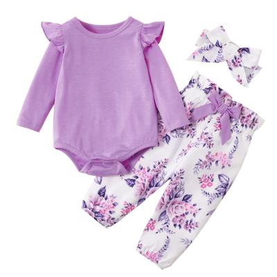 China 100% Cotton Baby Ruffle Romper Organic Purple Long Sleeves Jumpsuits Floral Kids Clothes 3pcs Set Baby Romper for sale