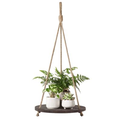 China Vintage Adjustable Home Decor Display Planter Rack (Other) Round Elegant Best Selling Wooden Hanging Shelf Rope for sale