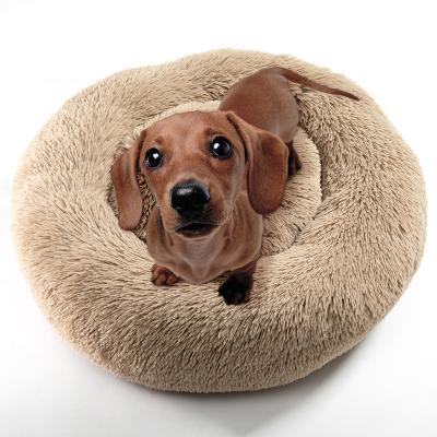 China Durable Faux Fur Fabric Long Dog Bed Comfortable Washable Donut Cushion Luxury Round Pet Dog Bed for sale