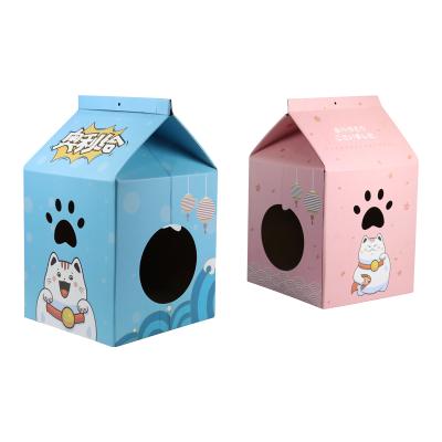 China Cat Toys Houses Corrugated Paper Viable Scratching Free Catnip Milk Box Cardboard Cat Scratcher for sale