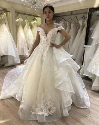 China Breathable Luxury Royal Lace Ball Gown Wedding Dress 2021 Off Shoulder Plus Size for sale