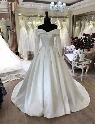 China 2021 Breathable Off The Shoulder Long Sleeve Satin Wedding Silk Bridal Dress Zipper Back Sweep Train for sale