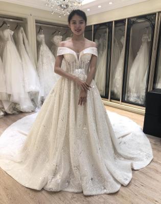 China New Arrival Breathable Off The Shoulder Chapel Train Wedding Dress Lace Bling Bling Dress For Bridal for sale