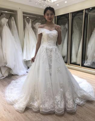 China 2021 Breathable Off The Shoulder Sweep Train Ball Gown Wedding Dress Champagne Color for sale