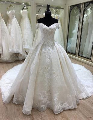 China 2021 Breathable Off The Shoulder Ball Gown Wedding Dress Chapel Train Online Champagne Color for sale