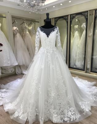 China 2021 Breathable Bateau Neck Long Sleeve Elegant Lace Wedding Bridal Dresses For African Women for sale