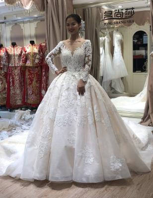 China Breathable Luxury Lace Wedding Dress Long Sleeve Ball Gown Royal Wedding Birthday Dresses 2021 With Detachable Train for sale