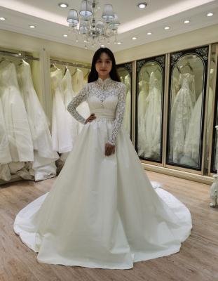 China Breathable Long Sleeve 2021 High Neck Ball Gown Wedding Dress Muslim Bridal Dress Big Back Bow for sale