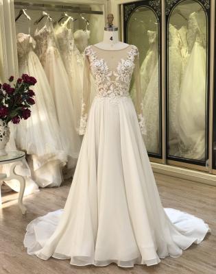 China Breathable Elegant Design Tulle Sleeve Sweep Train Long Appliqued Chiffon A Line Wedding Dress for sale