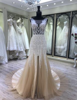 China Breathable Sexy Leg Slit Mermaid Wedding Dress Sleeveless Crystal Beaded Wedding Guest Dress for sale