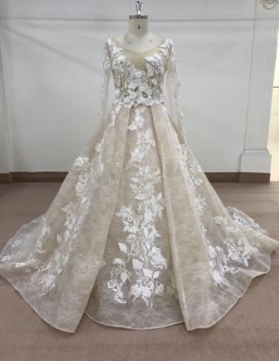 China 2021 breathable see the long sleeve ball gown lace wedding dress vestidos de novia with 3d flowers for sale