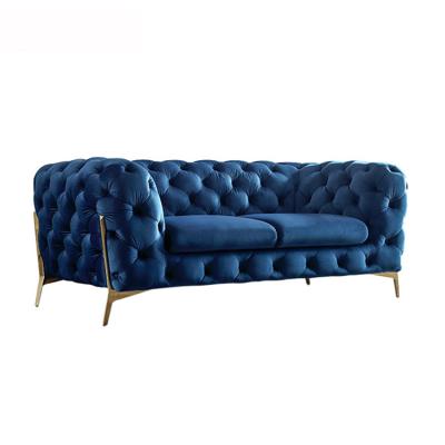 China (Other) Blue Velvet Adjustable 2 Seater Chesterfield Sofa Modern Love Seat Sofa with Diamond Button for sale