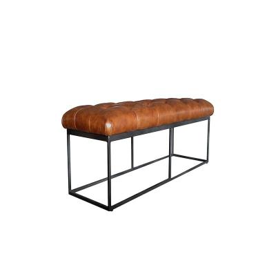 China Vintage Adjustable Metal Base Button Brown (Other) Bedroom Hotel Bed Bench Top Genuine Leather Handmade Leather Stool for sale