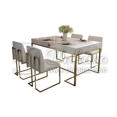 China Adjustable Luxury Modern Restaurant Furniture Rectangular Tempering Glass Top (Other) Stainless Steel Leg Dining Table Set for sale