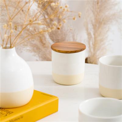 China Modern Elegant Morden Minimalism Style Wedding Decorate Empty Candle Vessels Ceramic Candle Jar With Wooden Lid for sale