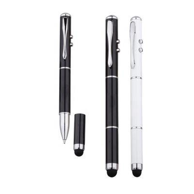 China Fashion 4 in 1 laser engraved multifunctional touch stylus tool ball led light metal pen for sale