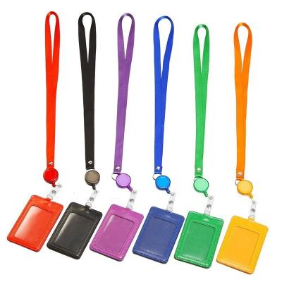 China Hot Selling Polyester in Amazon Neck Lanyard ID Holder 2-Sided PU Business Card Holder Vertical Leather Vertical for sale