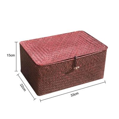 China Vegetable Plankton Basket Supplier Sustainable Straw Storage Boxes Woven Seagrass Rectangular Basket With Rattan Handle for sale