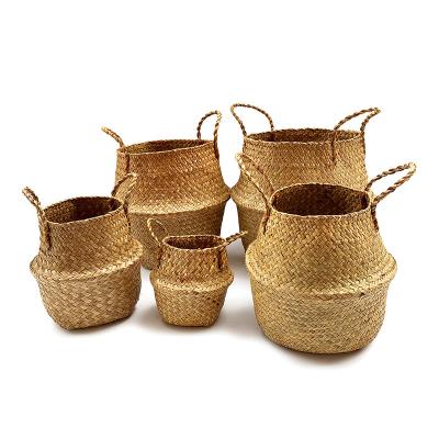 China Multi Natural Laundry Straw Woven Seagrass Belly Basket Viable Plant Flower Pots for Home Storage for sale