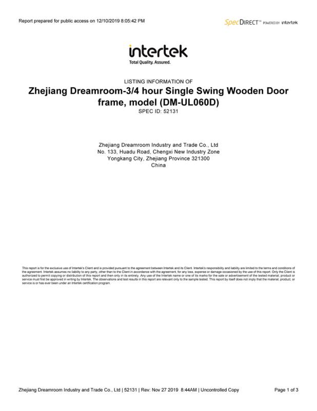 UL - Zhejiang Dreamroom Industry And Trade Co., Ltd