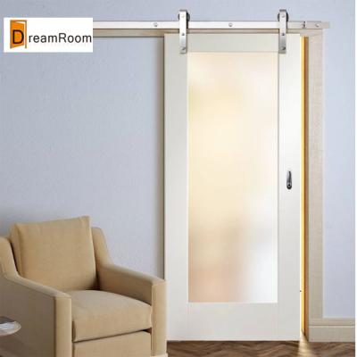 China Contemporary interior wood sliding white barn door with frosted glass for sale