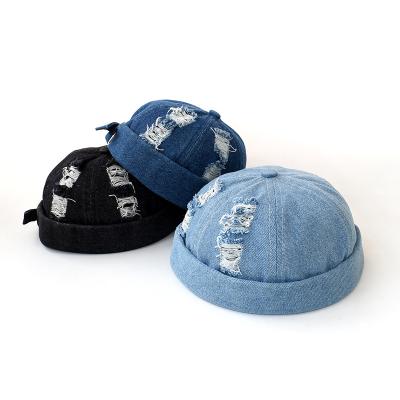 China JOINT Fashion Customizable Rolled Cuff Vintage Distressed Brimless Hat Washed Denim Wearing Docker Hats for sale