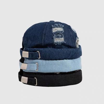 China 2021 New Style Washed Skull Hat Adult Men's Denim Distressed Metal Buckle Baseball Cap Without Visor for sale