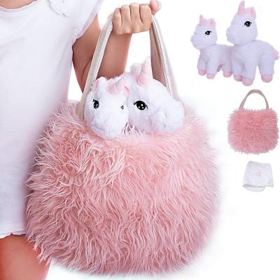 China HOT Selling Unicorn Toy Furry Bag Custom Unicorn Gift for Girls Baby and Mom Unicorn Toy Furry Bag and Baby & Doll Blanket for sale