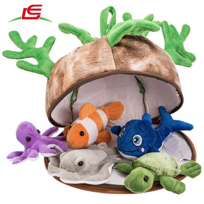 China Water Breed Sea Animals Set of 5 Pieces Soft Stuffed Plush Play Set with Coral Reef House Plush for Sea Stable Storage Stuffed Pet Toy for sale