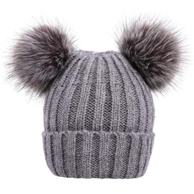 China Wholesale COMMON COMMON Cable Knit Gray Custom Beanie Winter Beanie Double Pom Pom Faux Fur Ears for sale