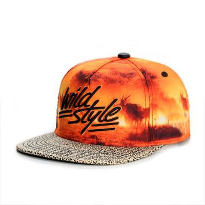 China Bill's COMMON Flat Leopard Sublimation Print Evening Glow Logo Snapback Hat Printed Embroidery Custom Brim COMMON for sale