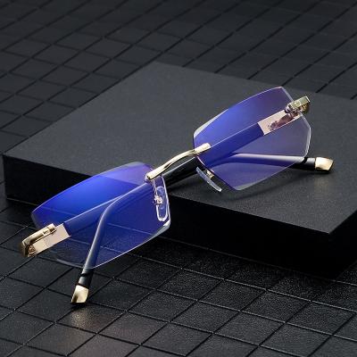 China UV400 2021 HD Designer Fashion Anti Blue Light Women Men Rimless Reader Glasses Wholesale Chamfered Frame for sale