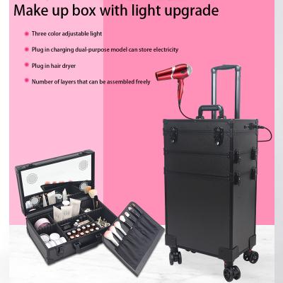 China Fashion LED With Mirror Cosmetic Case Large Capacity Rolling Rolls Travel Suitcase Makeup Case On Beauty Nail Tattoo Manicure Trolley for sale