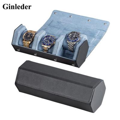 China Ginleder Watch Box Ginleder 3-Slot Watch Storage Box Custom Black Genuine Leather Hexagon Three-Package Protective Watch Box for sale