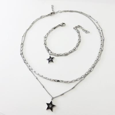 China Stainless Steel Jewelry Set Lead Free Nickel Free Star Pendant With Rhinestone Double Chain Link Bracelet Necklace For Women for sale