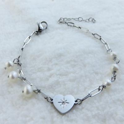 China Women Stainless Steel Gold Pearl Love Heart Lead Free Nickel Free Hot Selling Silver Link Chain Bracelet for sale