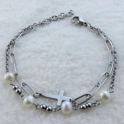 China Natural Pearl Chain Bracelet Stainless Steel Lead Free Nickel Free European Cross Chain Bracelet for sale