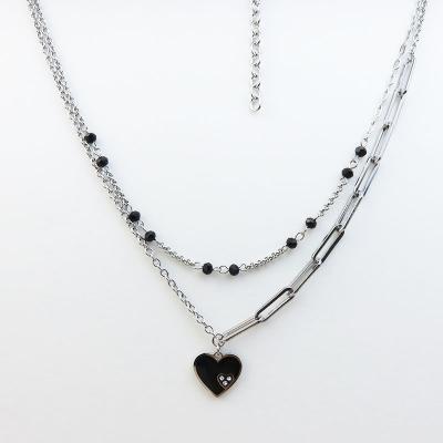 China Custom Made Crystal Heart Pendant Double Link Fashion Lead Free Nickel Chain Paper Clip and Beaded Necklace for sale