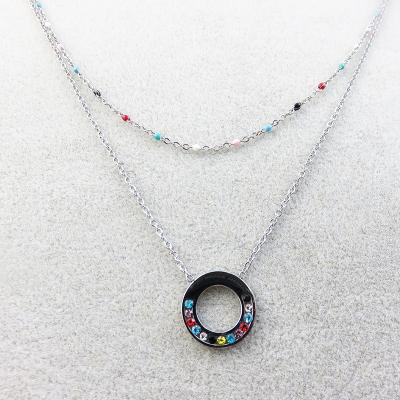 China Popular Minimalist Layered Necklaces Lead Free Nickel Free Rectangular and Beaded Double Chain Multi-colors Surround Stone Necklace for sale