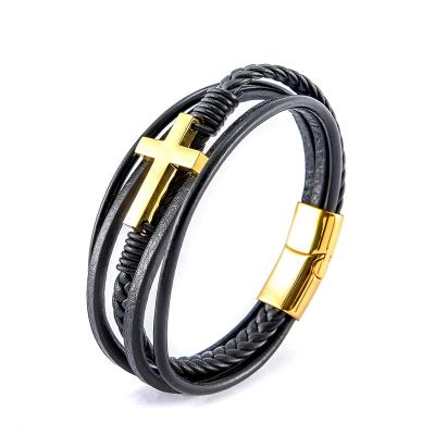 China Men's Jewelry Gifts Handsome Retro Cross Multilayer Leather Bracelet High Quality Lead Free Nickel Free Stainless Steel for sale