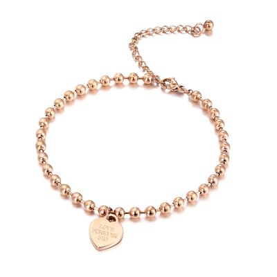 China Hot Sale Summer Beach Leg Bracelet Lead Free Nickel Free Charm Beaded Stainless Steel Heart Shaped Dangle Chain Anklet For Women for sale