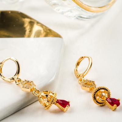 China Tasty Red Crystal Leaf Earrings For Women Water Drop Zircon Earrings Vintage Gold Color Brass Hollow Circle Earrings Lead Free Nickel Free for sale