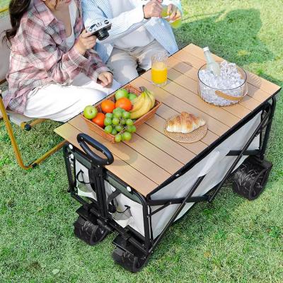 China Easy Folding Wide wheel wagon with table board outdoor picnic camping stall foldable fishing storage trolley cart for sale